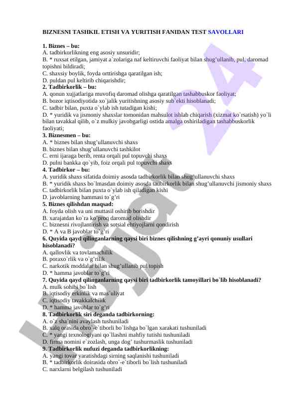 Biznesni tashkil etish test savollari