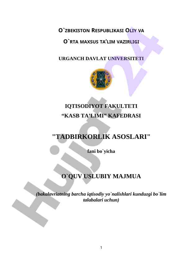 Tadbirkorlik asoslari fani bo'yicha o'quv uslubiy majmua