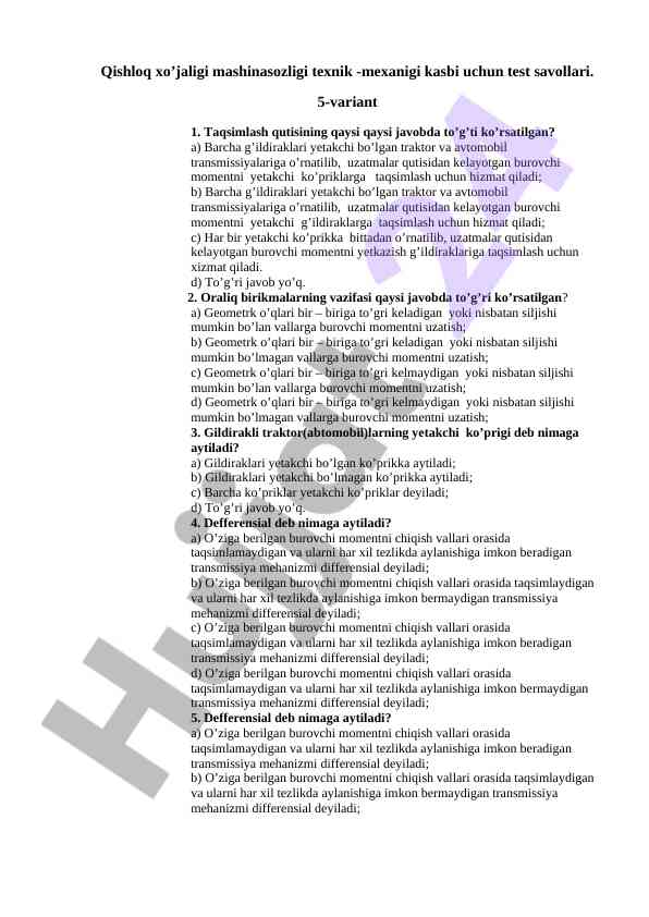 Qishloq xo'jaligi mashinasozligi test savollari