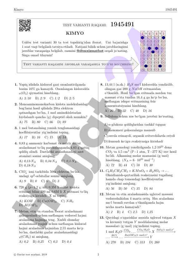 Kimyo test variantida 30 ta savol bajaraning qoidalari