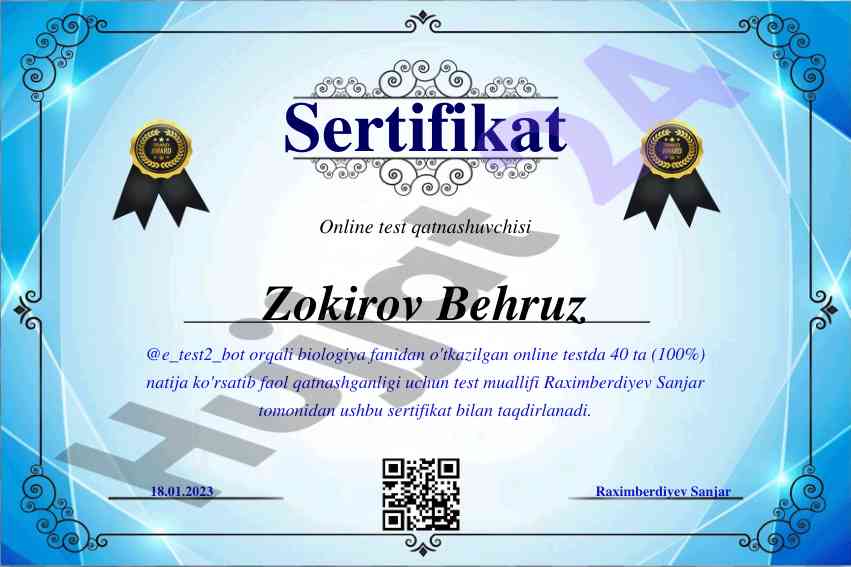 Biologiya fanidan online test natijalari va sertifikatlar