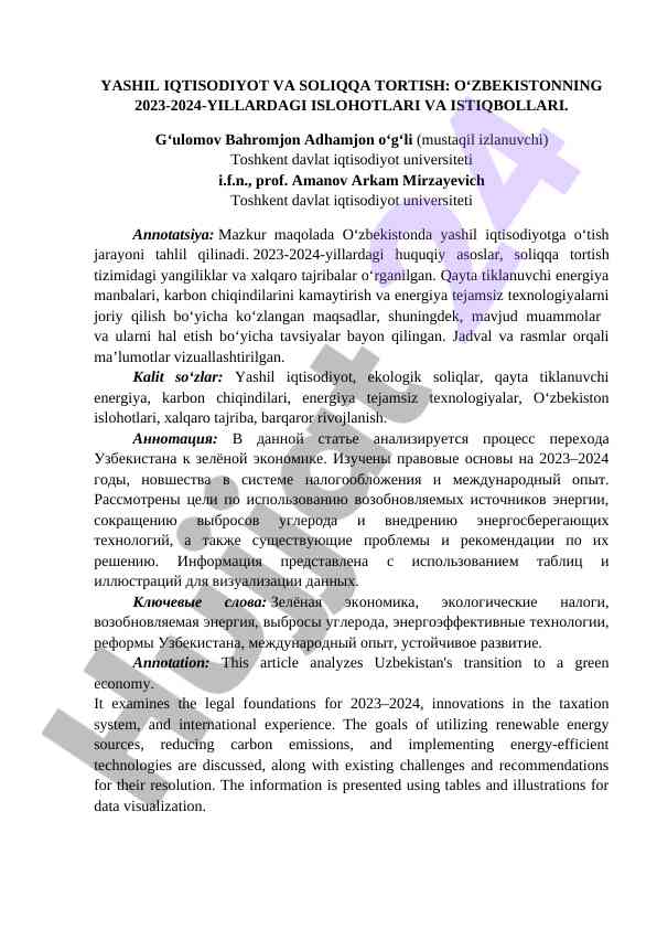 Yashil iqtisodiyot va soliqqa tortish o'zbekiston 2023-2024