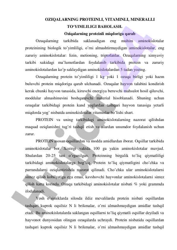 Oziqalarning proteinli va mineral to'yimliligi baholash