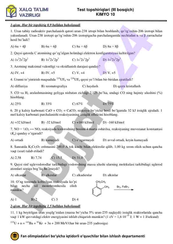 Kimyo olimpiadalari test topshiriqlari iii bosqich