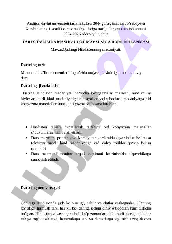Qadimgi hindiston madaniyati bo'yicha dars ishlanmasi