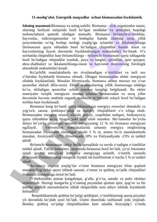 Energetik maqsadlar uchun biomassadan foydalanish