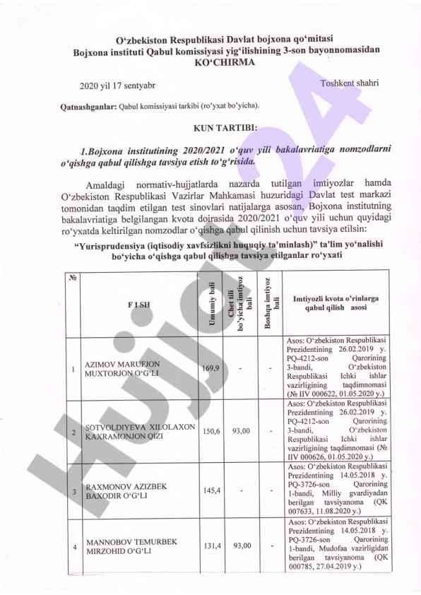 Bojxona instituti o'quv yiliga qabul tavsiyalari