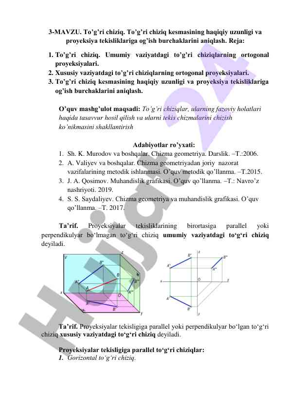 To'g'ri chiziq proyeksiya va uzunligini aniqlash