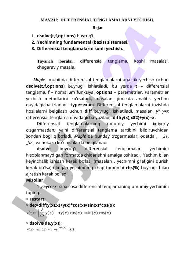 Differensial tenglamalarni yechish: maple dsolve qo‘llanma