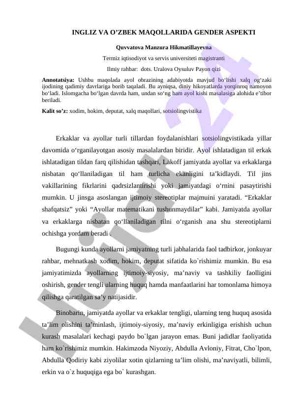 Ingliz va o'zbek maqollarida gender aspekti