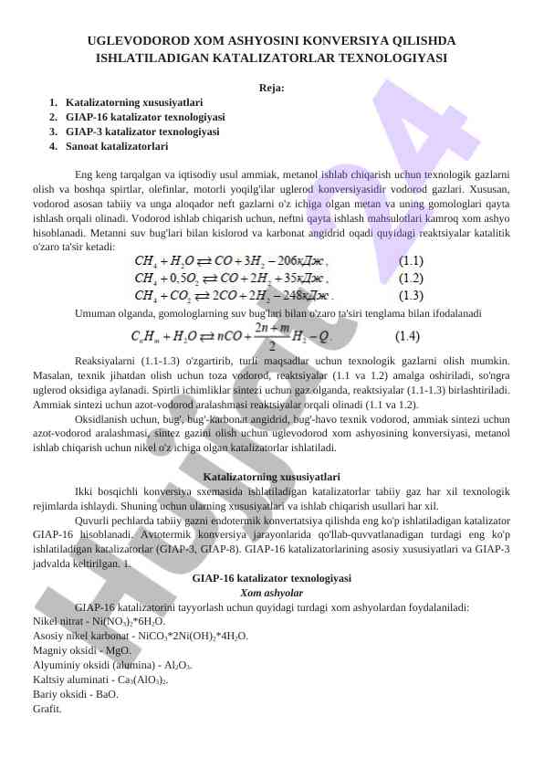 Katalizatorlar texnologiyasi ulgurji vodorod ishlab chiqish