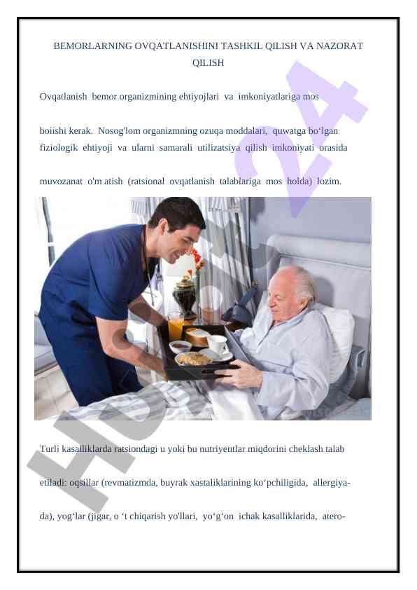 Bemorlarning ovqatlanishini tashkil qilish