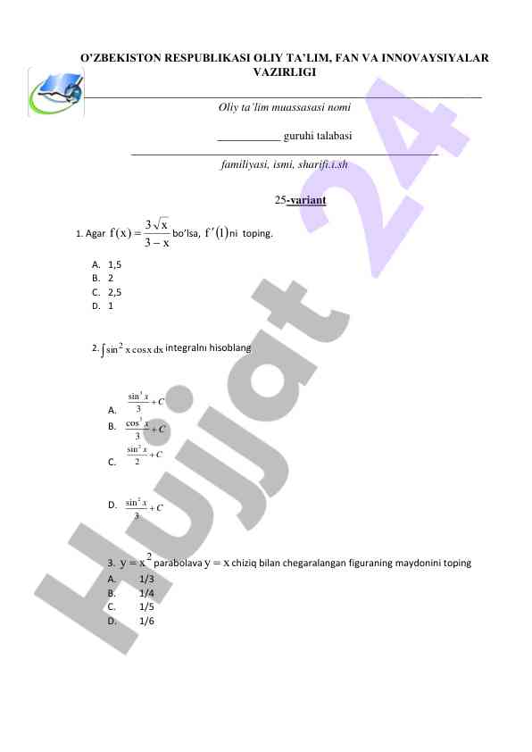 Matematika fanning test savollari