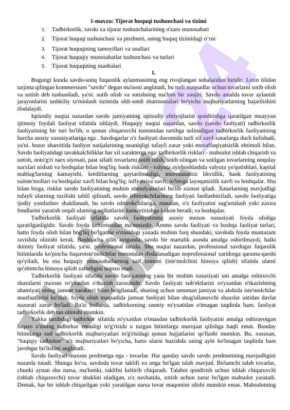 Tijorat huquqi tushunchasi va tizimi tadbirkorlik