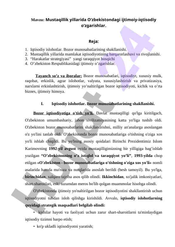 Mustaqillik yillarida o‘zbekiston ijtimoiy-iqtisodiy o‘zgarishlari