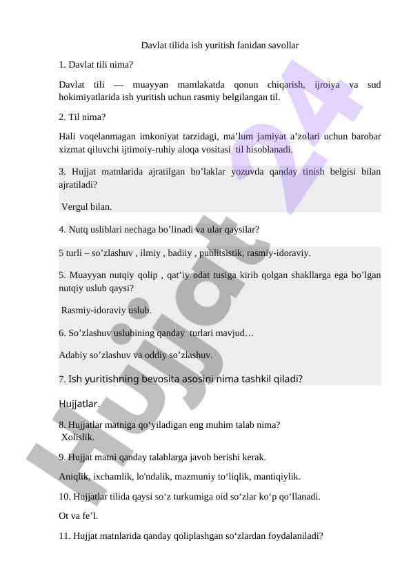 Davlat tili ish yuritish fanidan savollar