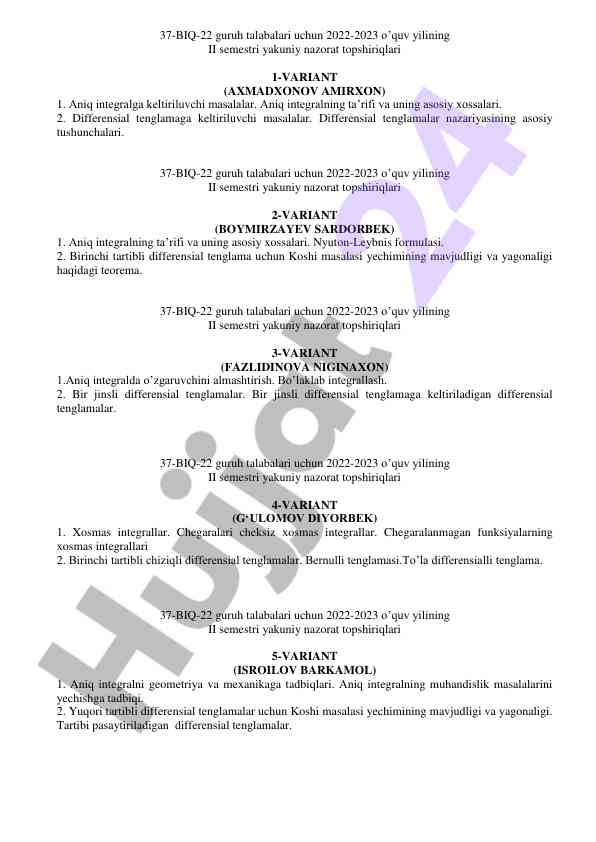 Ii semester final control tasks for student group