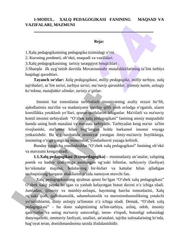 Xalq pedagogikasi fanining maqsadi va vazifalari