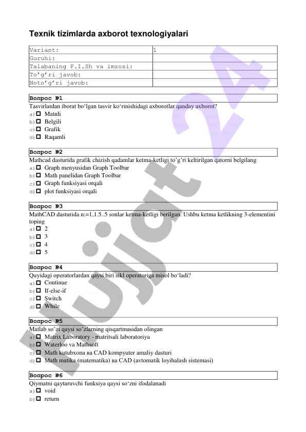 Axborot texnologiyalari test savollari