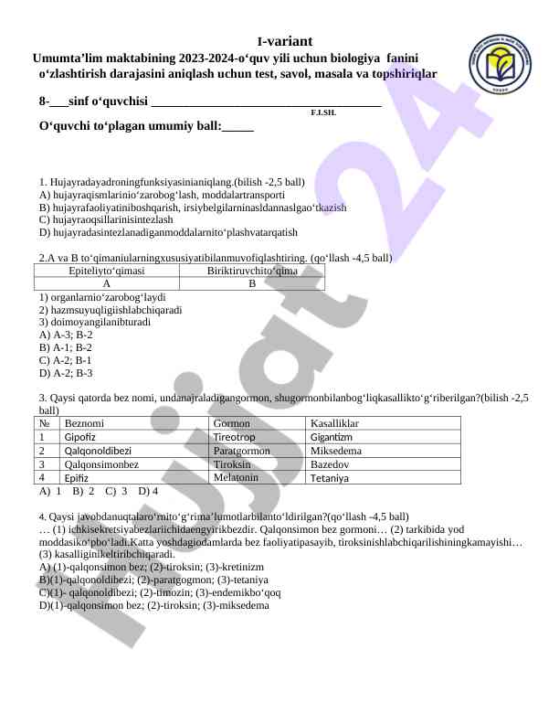 Biologiya fani bo‘yicha testlar 2023-2024