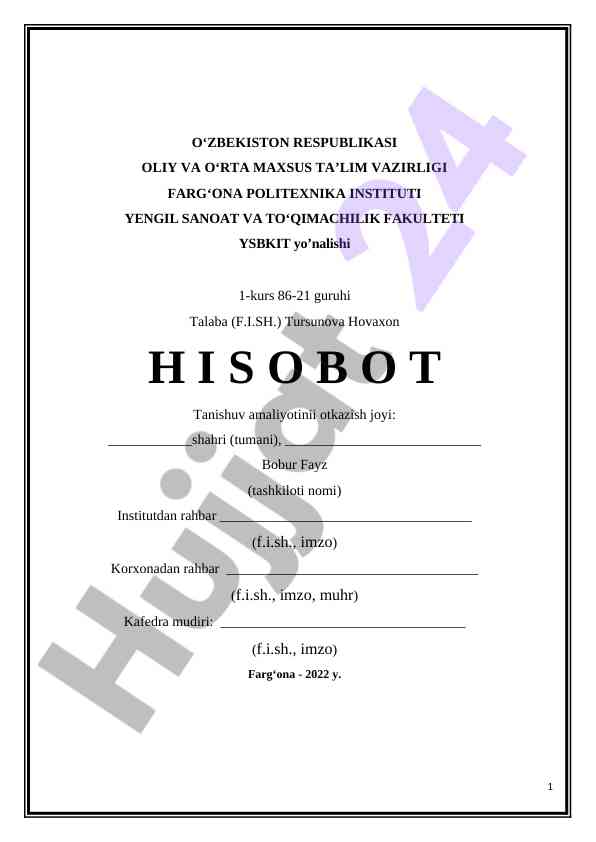 Tanishuv amaliyoti hisoboti yengil sanoat bo‘yicha
