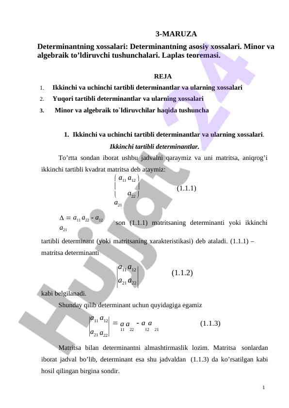 Determinant xossalari va laplas teoremasi