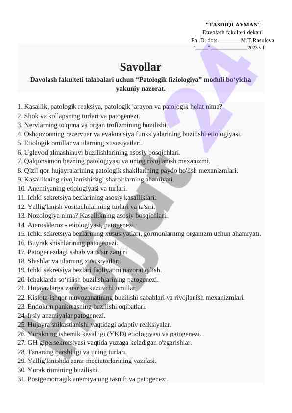 Patologik fiziologiya moduliga yakuniy nazorat savollari