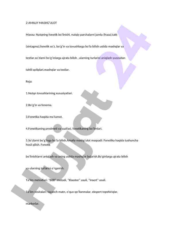 Nutqning fonetik bo‘linishi ustida mashqlar va testlar