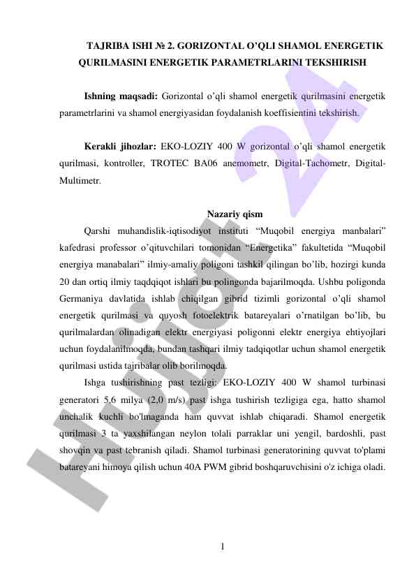 Gorizontal o’qli shamol energetik qurilmasi tahlili