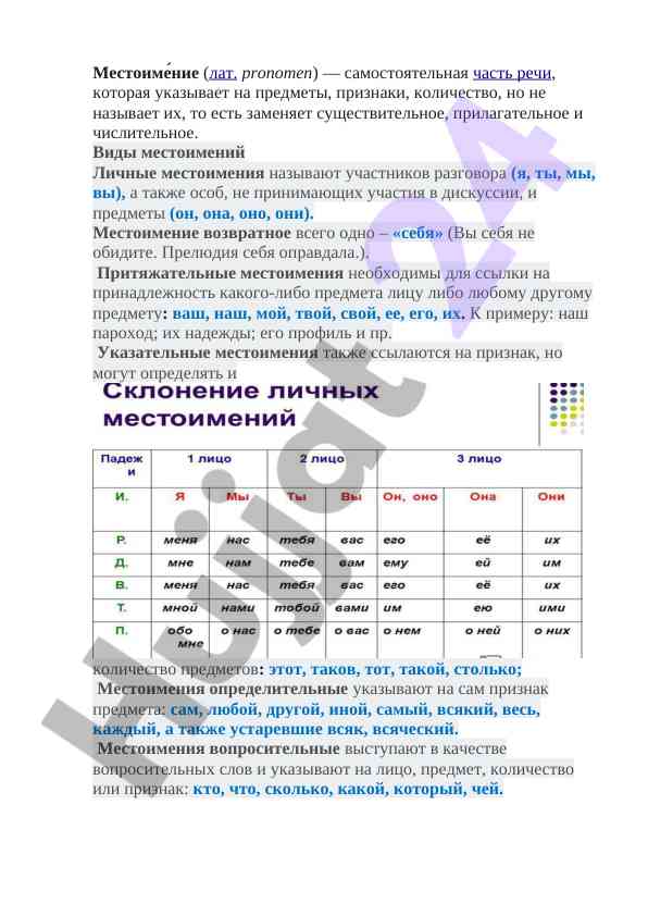 Местоимения как элементы речи и их типы