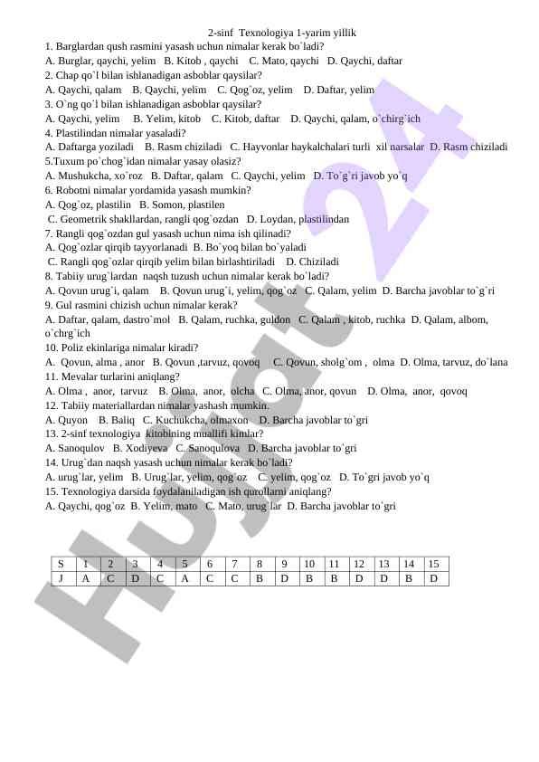 2-sinf texnologiya yarim yillik test savollari