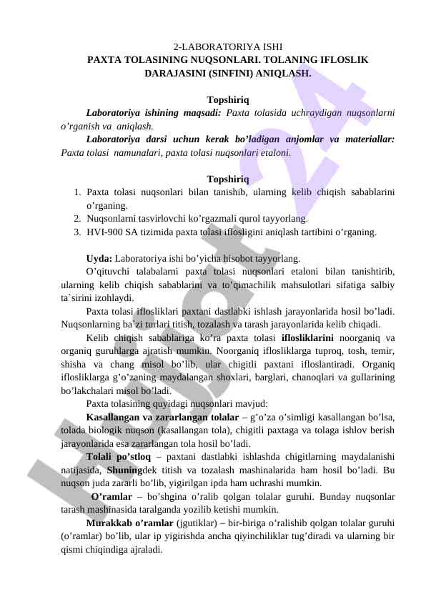 Paxta Tolasining Nuqsonlari Laboratoriya Ishlari