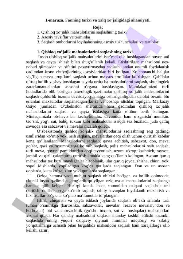 Qishloq xo‘jalik mahsulotlarini saqlash tarixi