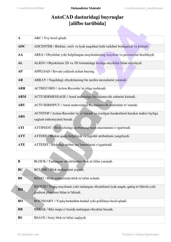 Autocad dasturidagi buyruqlar alifbo tartibida