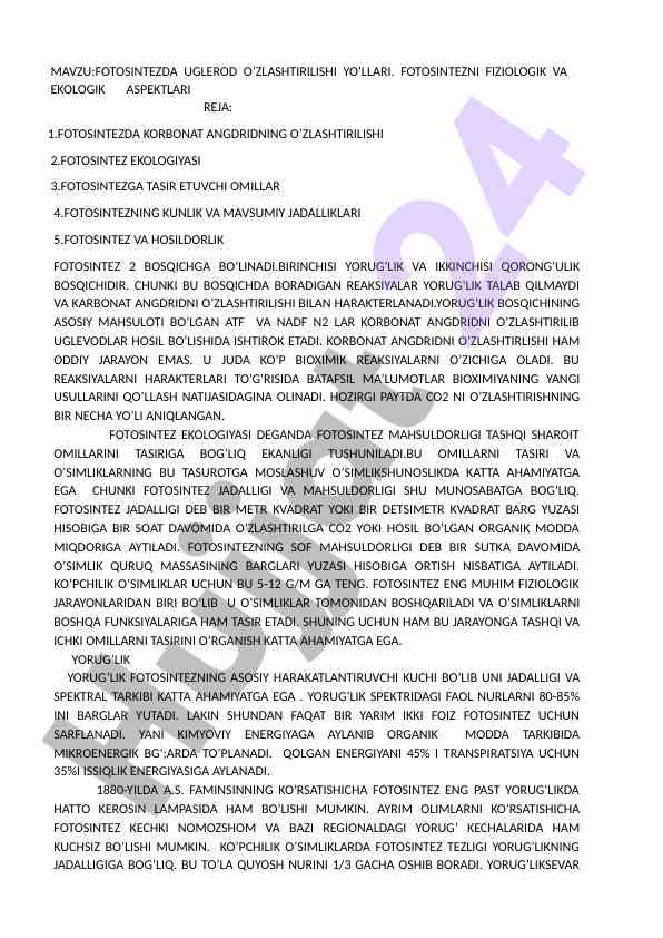 Fotosintezda uglеrod o'zlashtirilishi yo'llari