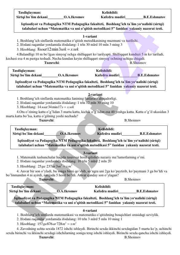 Boshlang’ich sinflarda matematika o’qitish metodikasi