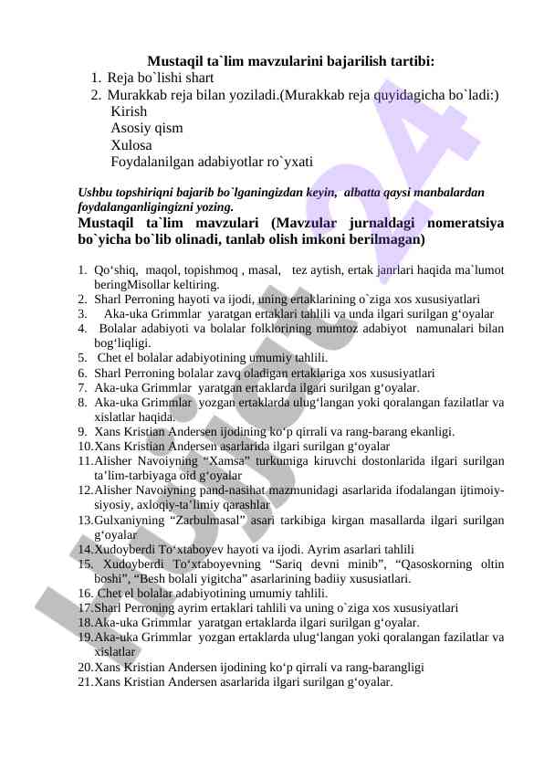 Mustaqil ta'lim mavzularini bajarilish tartibi