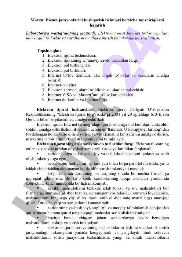 Elektron tijorat va internet to‘lov tizimlari