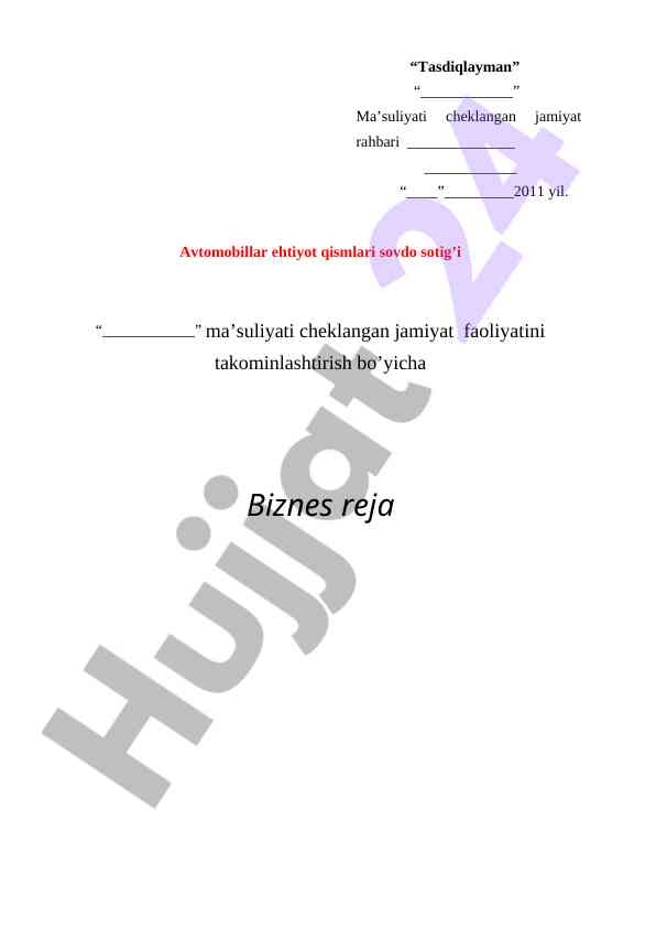 Avtomobillar ehtiyot qismlari savdo rejasi 2011