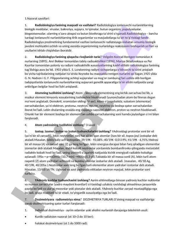 Radiobiologiya fanining maqsadlari va tarixi
