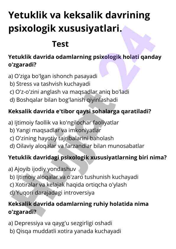 Yetuklik va keksalik davrining psixologik xususiyatlari