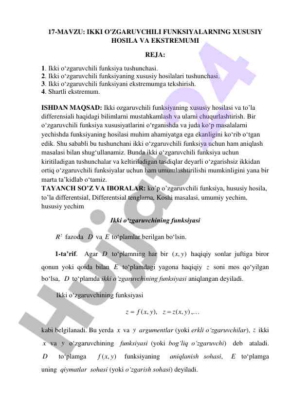 Ikki o'zgaruvchili funktsiyalar xususiy hosila analizi
