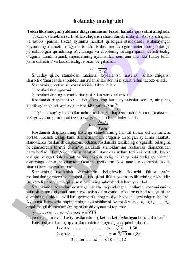 Tokarlik stanogini yuklama diagrammasi va quvvatini aniqlash