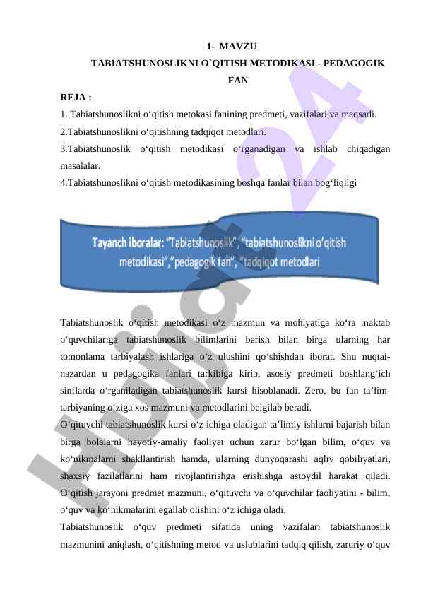 Tabiatshunoslikni o`qitish metodikasi asoslari