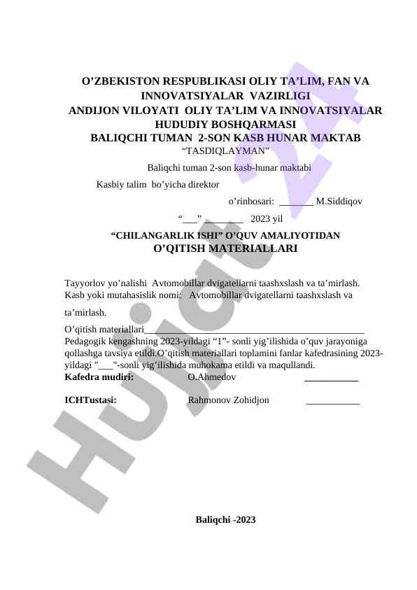 Chilangarlik ishidan o‘qitish materiallari