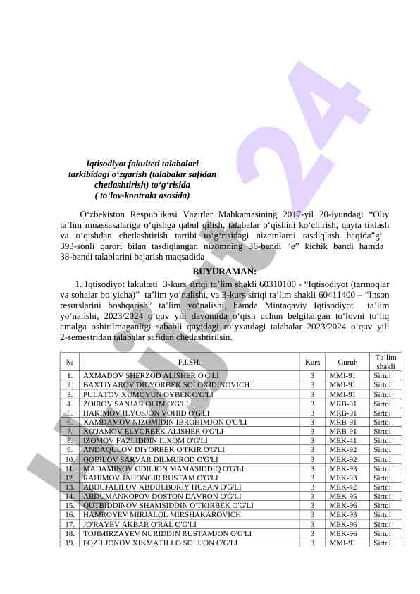 Iqtisodiyot fakulteti talabalari o‘zgarishi buyrug‘i