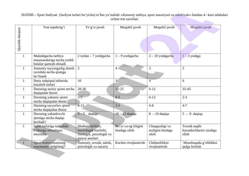 Sport faoliyati ta’lim yo’nalishi test savollari