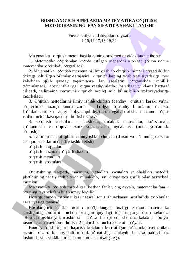 Boshliqlik sinflarda matematika o‘qitish metodikasi