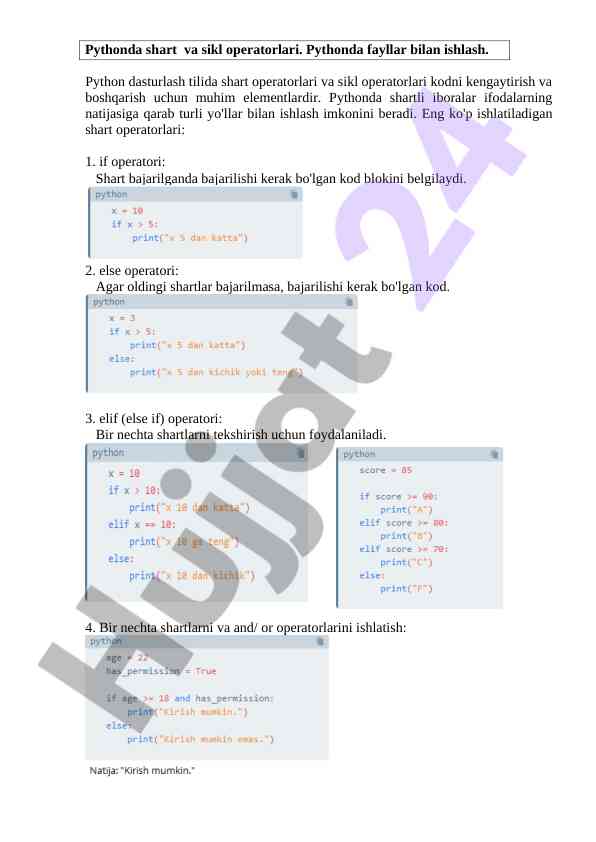 Python dasturlashda shart va sikl operatorlari