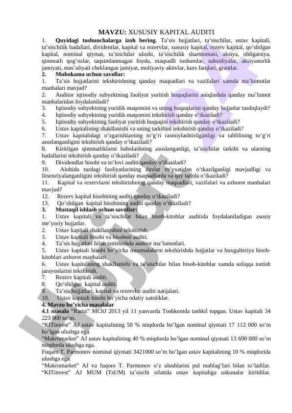 Xususiy kapital auditi va ustav kapitali tahlili